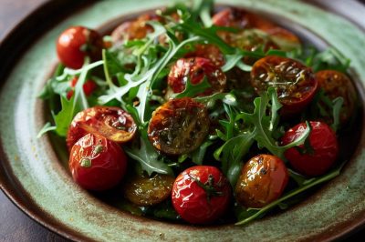 Arugula and Roasted Cherry Tomato Salad with Pesto Dressing
