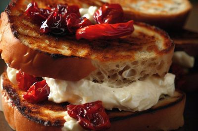Grilled Cheese with Roasted Red Pepper and Boursin on Raisin Bread