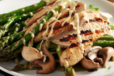 Grilled Chicken and Roasted Asparagus and Mushroom Salad with Dijon Vinaigrette