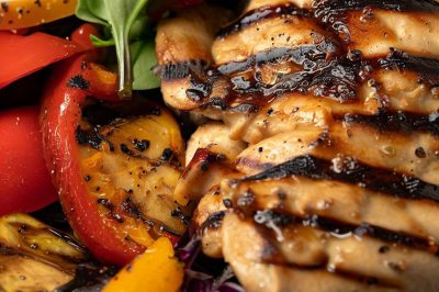 Grilled Chicken and Roasted Bell Pepper and Eggplant Salad with Balsamic Vinaigrette