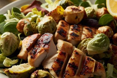 Grilled Chicken and Roasted Brussels Sprouts Salad with Lemon Dijon Vinaigrette