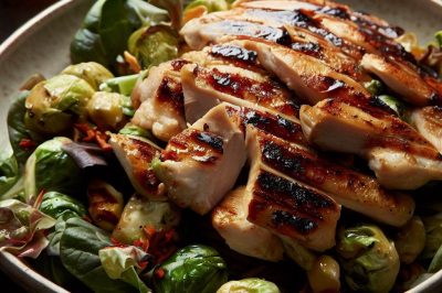 Grilled Chicken and Roasted Brussels Sprouts Salad with Maple Dijon Vinaigrette