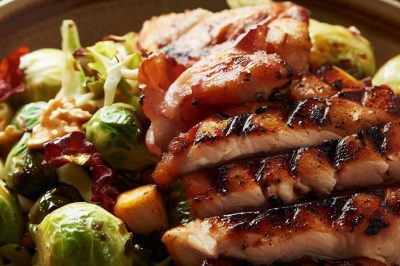 Grilled Chicken and Roasted Brussels Sprouts and Bacon Salad with Maple Vinaigrette
