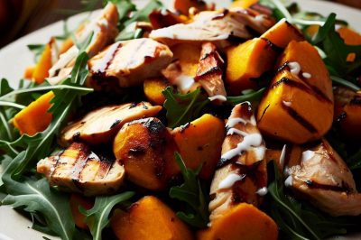 Grilled Chicken and Roasted Butternut Squash Arugula Salad with Dijon Vinaigrette