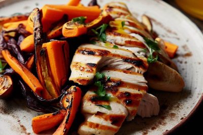 Grilled Chicken and Roasted Carrot and Parsnip Salad with Lemon Vinaigrette