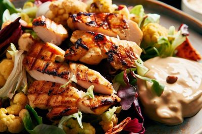 Grilled Chicken and Roasted Cauliflower Salad with Tahini Dressing