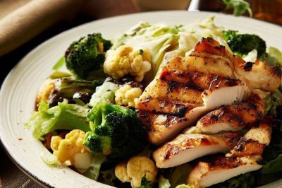 Grilled Chicken and Roasted Cauliflower and Broccoli Salad with Dijon Vinaigrette