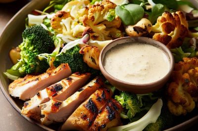 Grilled Chicken and Roasted Cauliflower and Broccoli Salad with Lemon Tahini Dressing