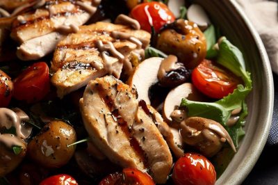 Grilled Chicken and Roasted Cherry Tomato and Mushroom Salad with Dijon Vinaigrette