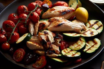 Grilled Chicken and Roasted Cherry Tomato and Zucchini Salad with Lemon Garlic Dressing