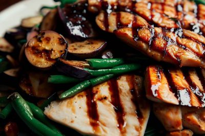 Grilled Chicken and Roasted Eggplant and Green Bean Salad with Balsamic Vinaigrette