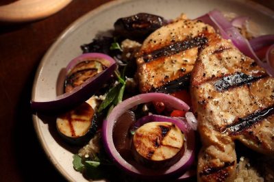 Grilled Chicken and Roasted Eggplant and Red Onion Salad with Dijon Vinaigrette
