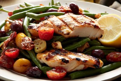 Grilled Chicken and Roasted Grape Tomato and Green Bean Salad with Lemon Vinaigrette