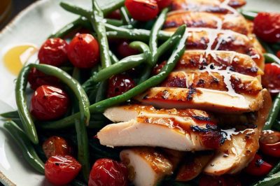 Grilled Chicken and Roasted Green Bean and Cherry Tomato Salad with Dijon Vinaigrette