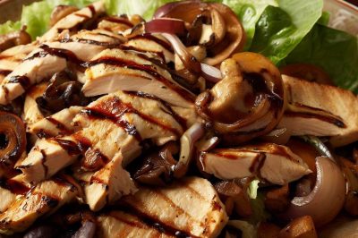 Grilled Chicken and Roasted Mushroom and Onion Salad with Balsamic Vinaigrette