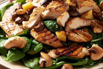 Grilled Chicken and Roasted Mushroom and Spinach Salad with Lemon Garlic Dressing