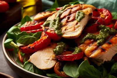 Grilled Chicken and Roasted Red Pepper Salad with Pesto Dressing