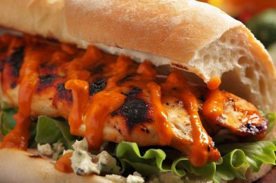 Grilled Chicken with Buffalo Sauce and Blue Cheese on a Ciabatta Roll