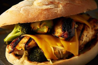 Grilled Chicken with Roasted Broccoli and Cheddar on a Ciabatta Roll
