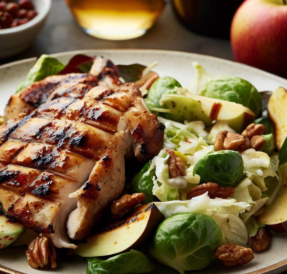 Grilled Chicken with Roasted Brussels Sprouts, Apple and Pecan Salad with Dijon Vinaigrette