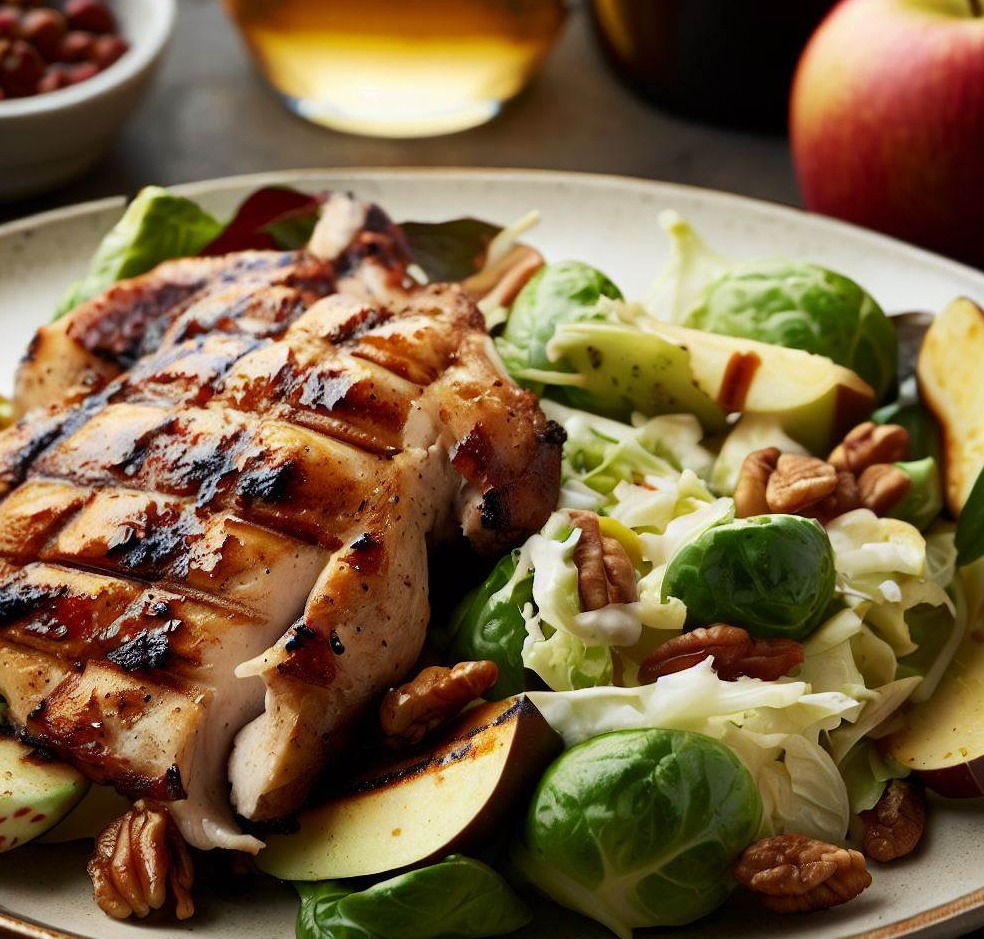 Grilled Chicken with Roasted Brussels Sprouts, Apple and Pecan Salad with Dijon Vinaigrette