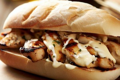 Grilled Chicken with Roasted Garlic Mayo and Mozzarella on a Ciabatta Roll