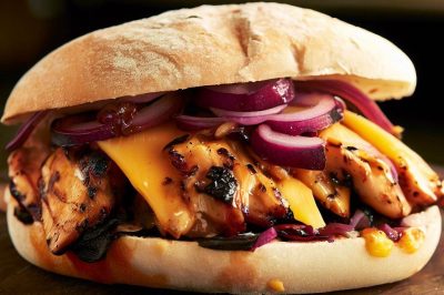 Grilled Chicken with Roasted Red Onion and Cheddar on a Ciabatta Roll