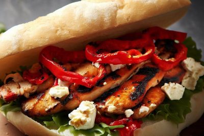 Grilled Chicken with Roasted Red Pepper and Feta on a Ciabatta Roll