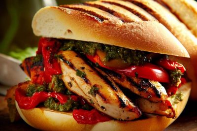 Grilled Chicken with Roasted Red Peppers and Pesto Sandwich
