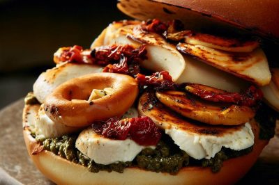 Grilled Chicken with Sundried Tomato Pesto and Mozzarella on a Bagel