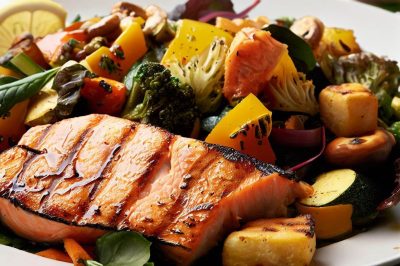 Grilled Salmon and Roasted Vegetable Salad with Lemon Vinaigrette