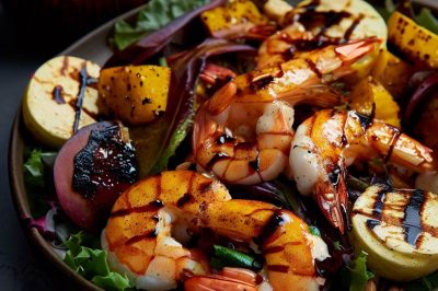 Grilled Shrimp and Roasted Acorn Squash Salad with Maple Balsamic Dressing