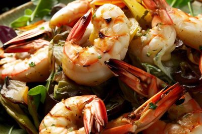 Grilled Shrimp and Roasted Artichoke Salad with Lemon Basil Dressing