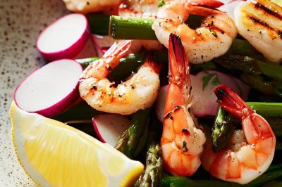 Grilled Shrimp and Roasted Asparagus and Radish Salad with Lemon Vinaigrette