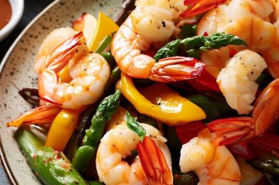 Grilled Shrimp and Roasted Bell Pepper and Asparagus Salad with Lemon Basil Dressing