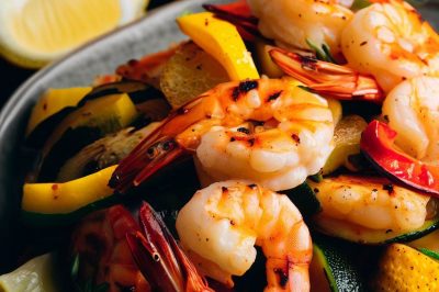 Grilled Shrimp and Roasted Bell Pepper and Zucchini Salad with Lemon Garlic Dressing