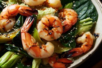 Grilled Shrimp and Roasted Bok Choy Salad with Sesame Dressing