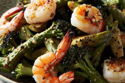 Grilled Shrimp and Roasted Broccoli and Asparagus Salad with Dijon Vinaigrette