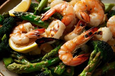 Grilled Shrimp and Roasted Broccoli and Asparagus Salad with Lemon Garlic Dressing