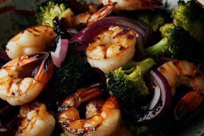 Grilled Shrimp and Roasted Broccoli and Red Onion Salad with Balsamic Vinaigrette