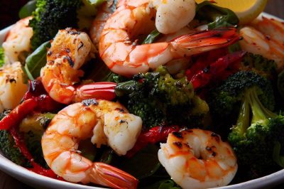 Grilled Shrimp and Roasted Broccoli and Red Pepper Salad with Lemon Basil Dressing