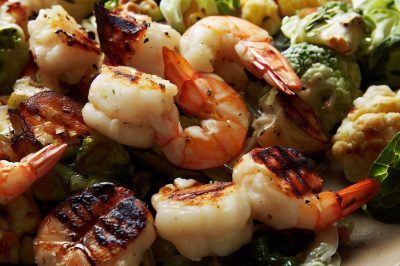 Grilled Shrimp and Roasted Brussels Sprouts and Cauliflower Salad with Garlic Vinaigrette