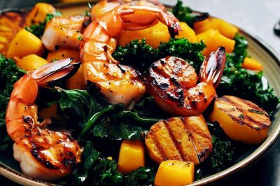 Grilled Shrimp and Roasted Butternut Squash and Kale Salad with Honey Mustard Dressing