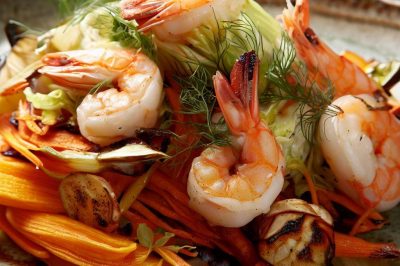 Grilled Shrimp and Roasted Carrot and Fennel Salad with Ginger Dressing