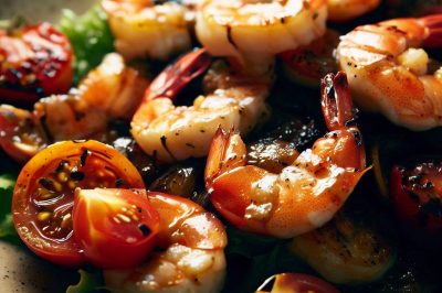 Grilled Shrimp and Roasted Cherry Tomato Salad with Garlic Vinaigrette