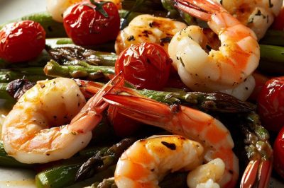 Grilled Shrimp and Roasted Cherry Tomato and Asparagus Salad with Lemon Garlic Dressing