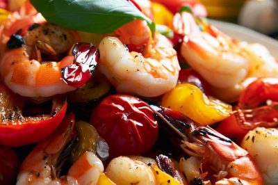 Grilled Shrimp and Roasted Cherry Tomato and Bell Pepper Salad with Lemon Basil Dressing