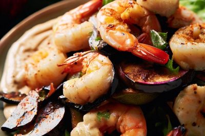 Grilled Shrimp and Roasted Eggplant Salad with Tahini Dressing