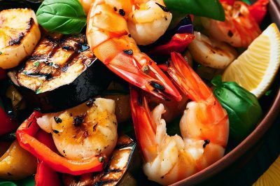 Grilled Shrimp and Roasted Eggplant and Bell Pepper Salad with Lemon Basil Dressing