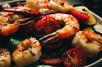Grilled Shrimp and Roasted Grape Tomato and Zucchini Salad with Lemon Basil Dressing